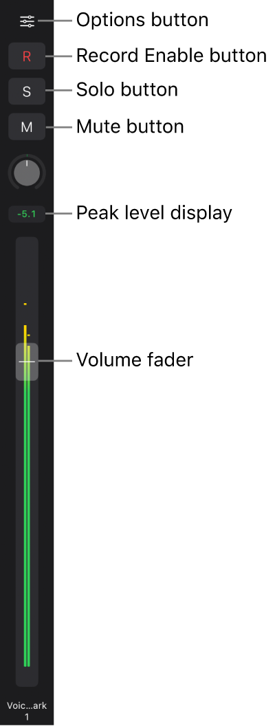 Figure. Fader showing Options button, Record Enable button, Solo and Mute buttons, Pan/Balance knob, peak level display, and Volume fader.