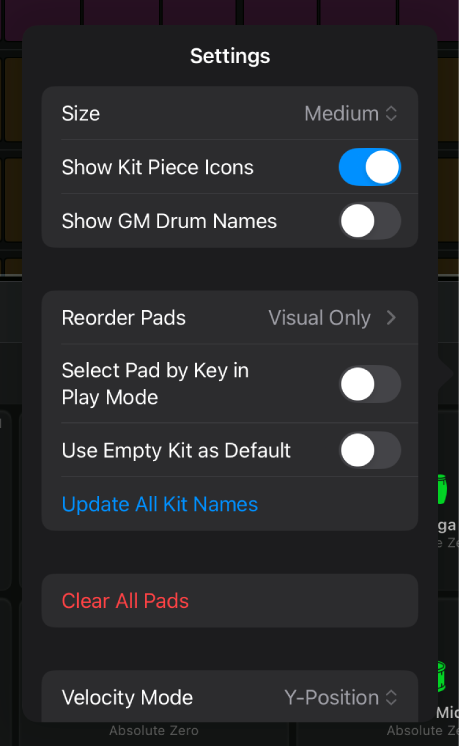 Drum Machine Designer surface settings.