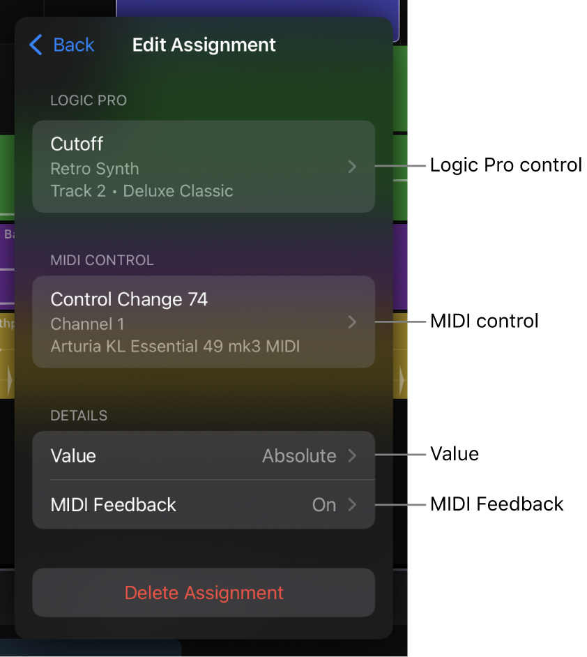 Figure. The Edit Assignment view in the Learn MIDI dialog.