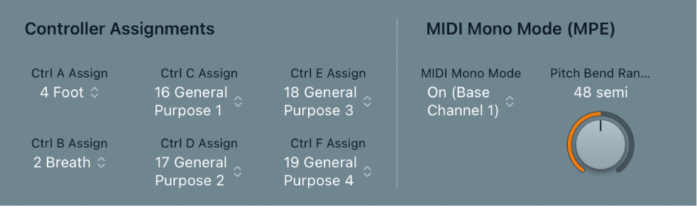 Figure. ES2 Controller Assignments and MIDI Mono Mode parameters.
