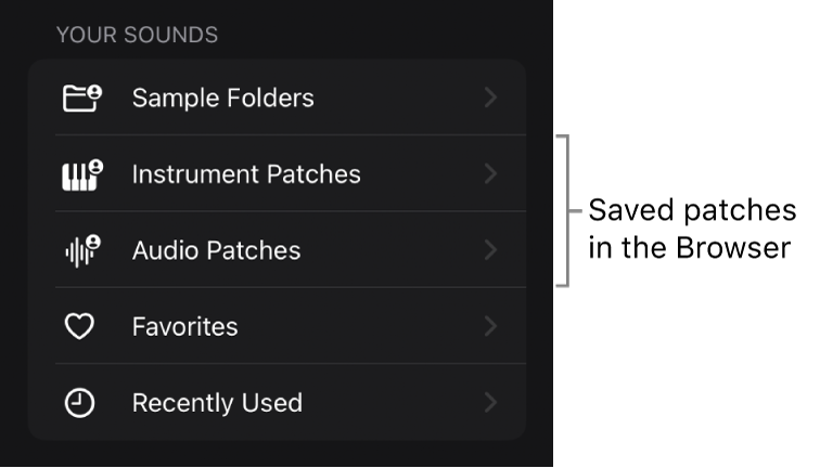 Figure. Saved patches in the Your Sounds section of the Browser.