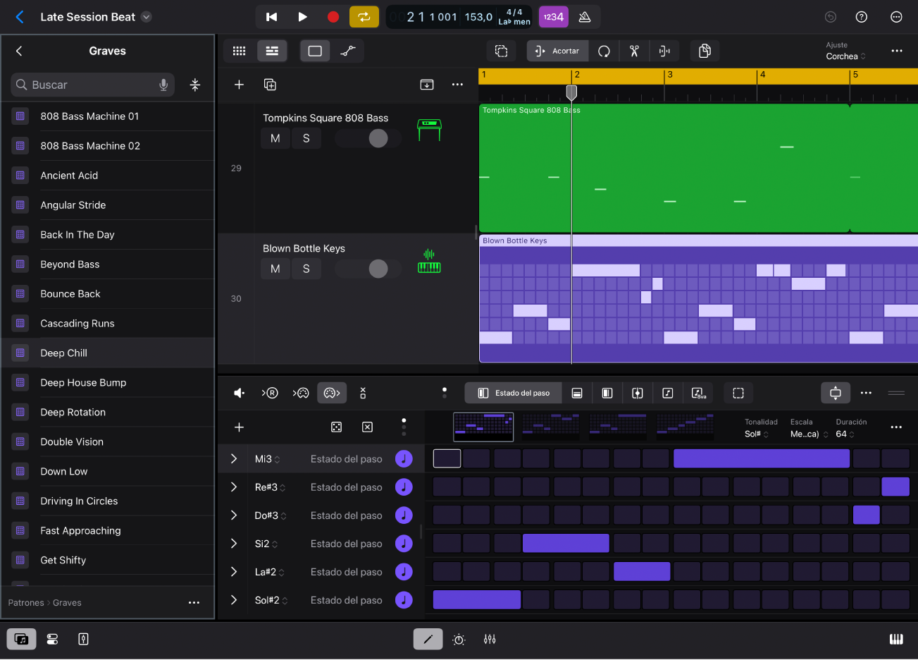 Ilustración. Logic Pro para iPad con la vista Patrones en el explorador.