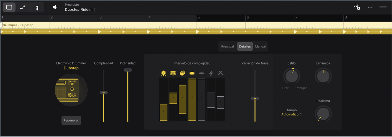 Ilustración. Editor de Session Player con la vista Detalles de “Electronic Drummer”.
