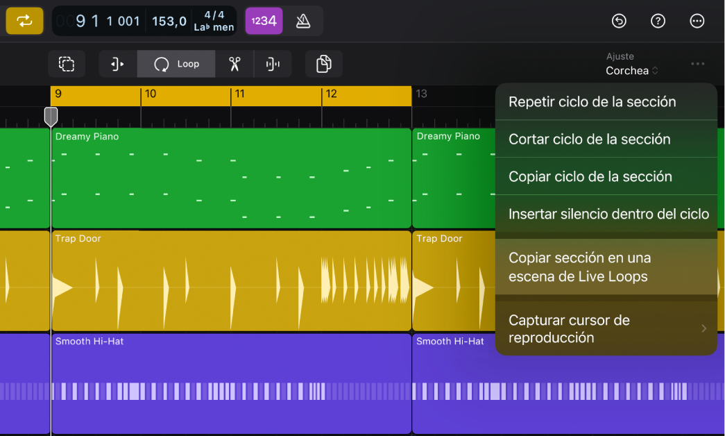 Ilustración. Menú Más de la barra de menús del área de pistas con la opción “Copiar sección en Live Loops” resaltada.