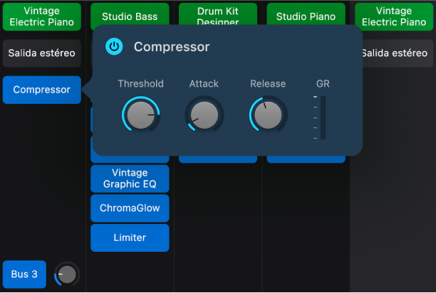 Ilustración. Un canal del mezclador con una visualización mini de un módulo de efecto abierta.