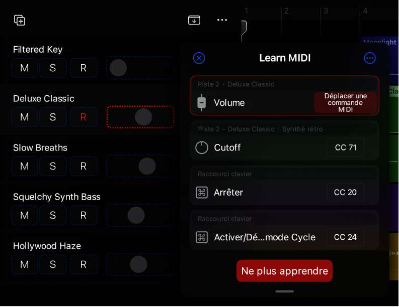 Figure. Création d’une assignation dans la zone de dialogue « Learn MIDI ».