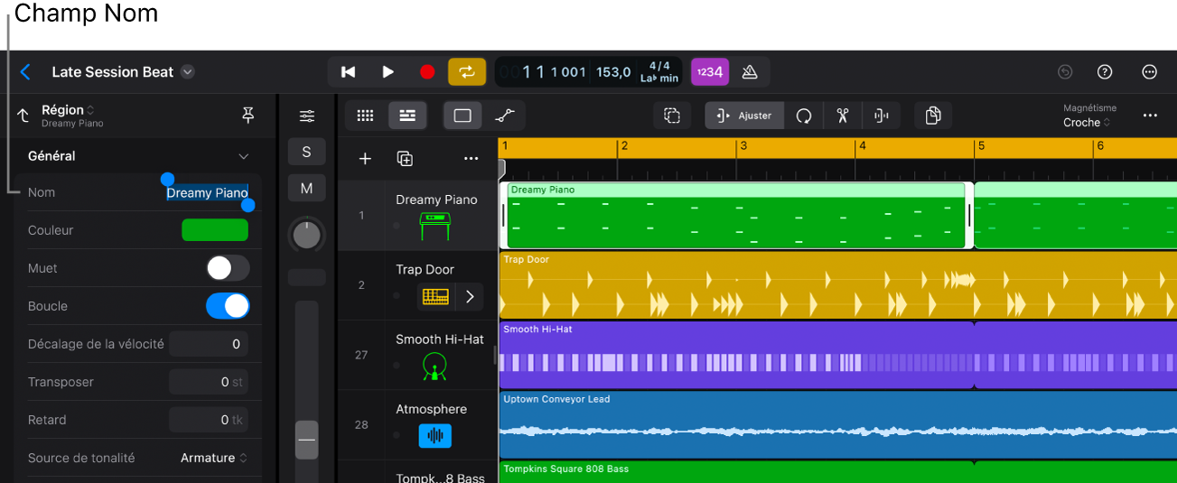 Région sélectionnée et inspecteur ouvert, avec le champ « Nom de région » mis en évidence.