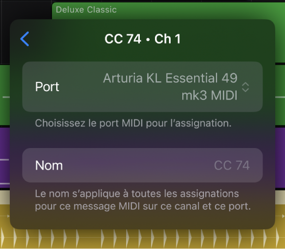 Figure. Les réglages de commande MIDI dans la zone de dialogue « Learn MIDI ».