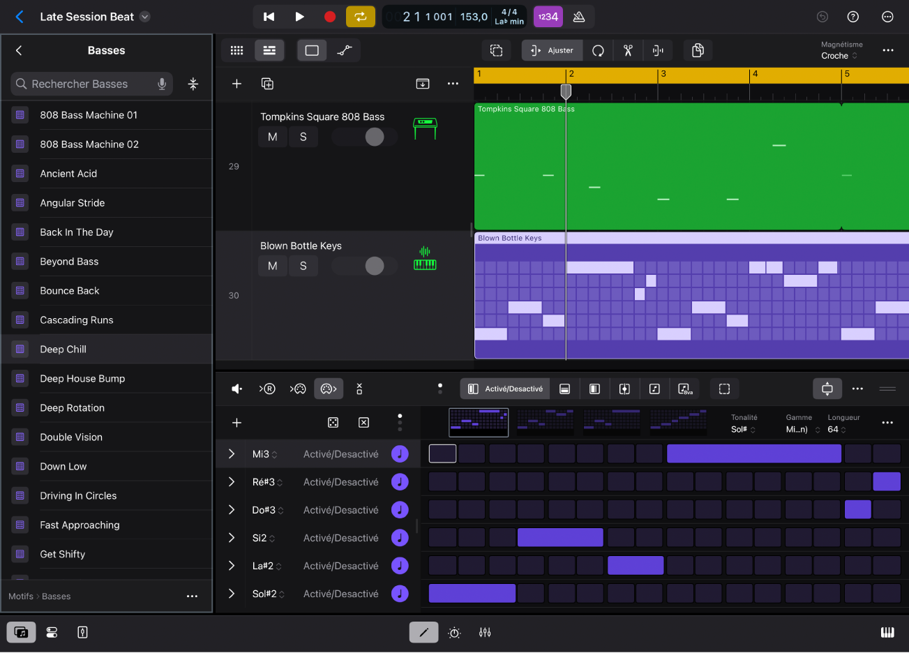 Figure. Logic Pro pour iPad montrant la présentation Motifs dans le navigateur.