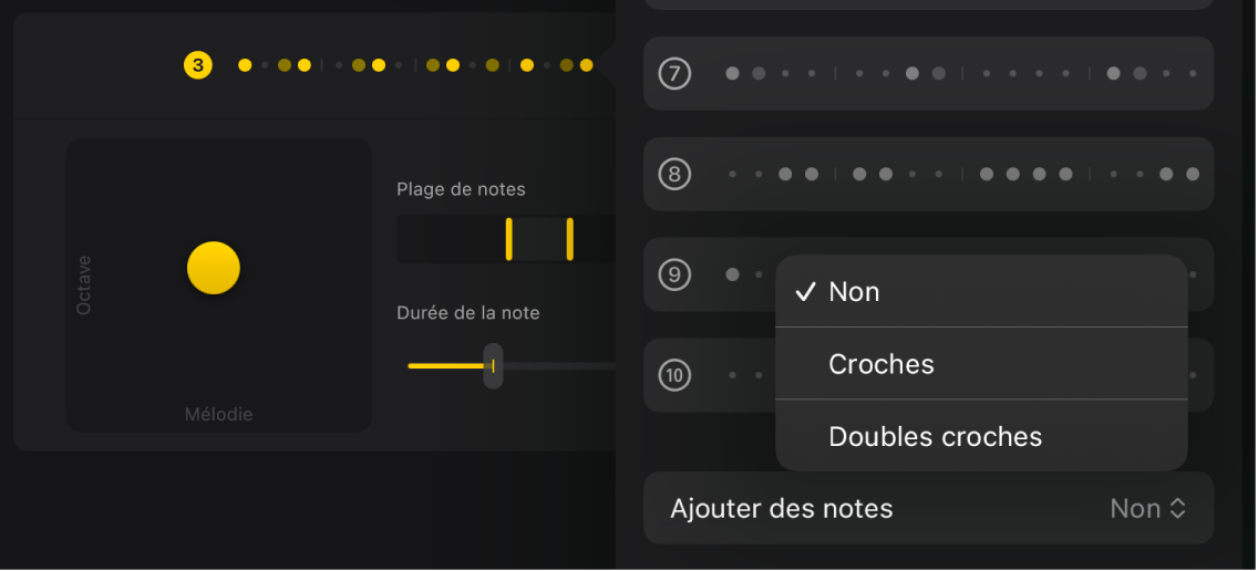 Figure. Menu local Ajouter des notes dans la fenêtre Motifs pour le style Basse séquentielle.