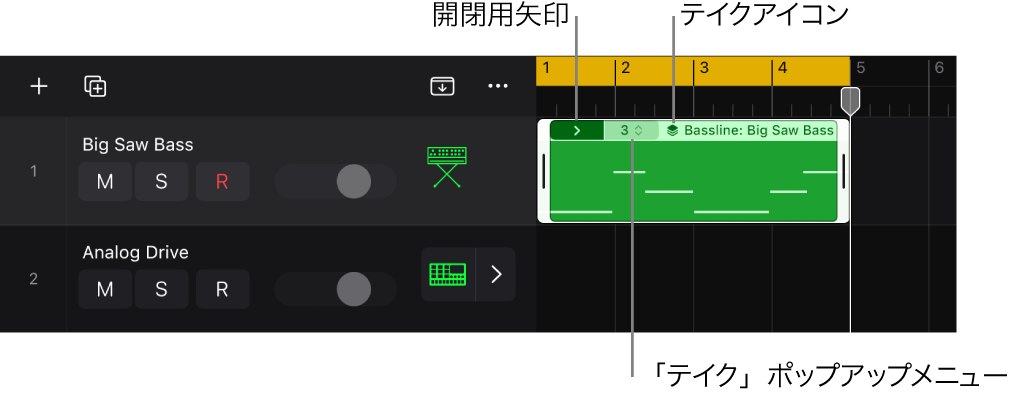 図。テイクフォルダに、開閉用矢印ボタン、現在有効なテイクまたはコンプを示す「テイク」ポップアップメニュー、テイクアイコン、トラックとリージョンの名前が表示されています。
