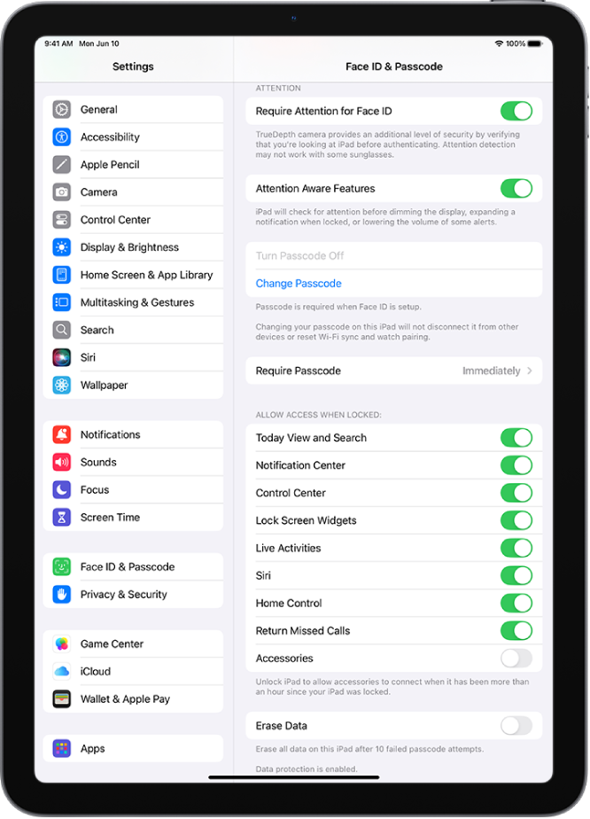 Face ID & Passcode settings, with options for allowing access to specific features when iPad is locked.
