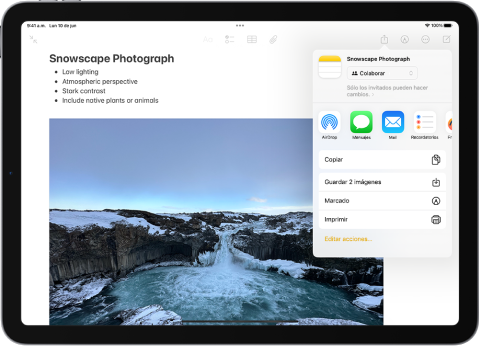 Una pantalla muestra notas con fotografías. Una sobreposición en el lado derecho muestra opciones para compartir, como Mensajes y Mail.