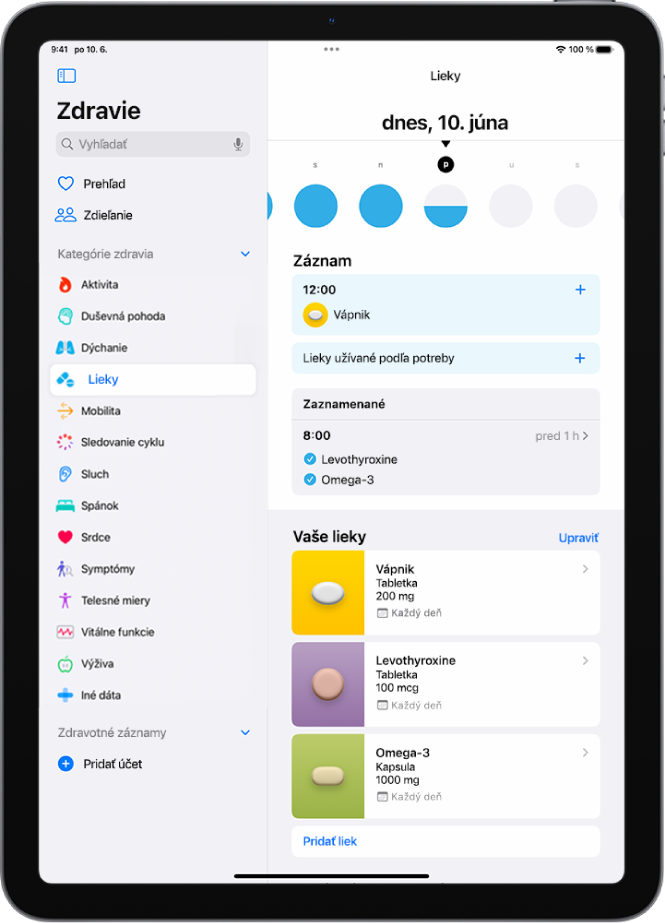 Obrazovka Lieky v apke Zdravie s dátumom a záznamom užitia liekov.