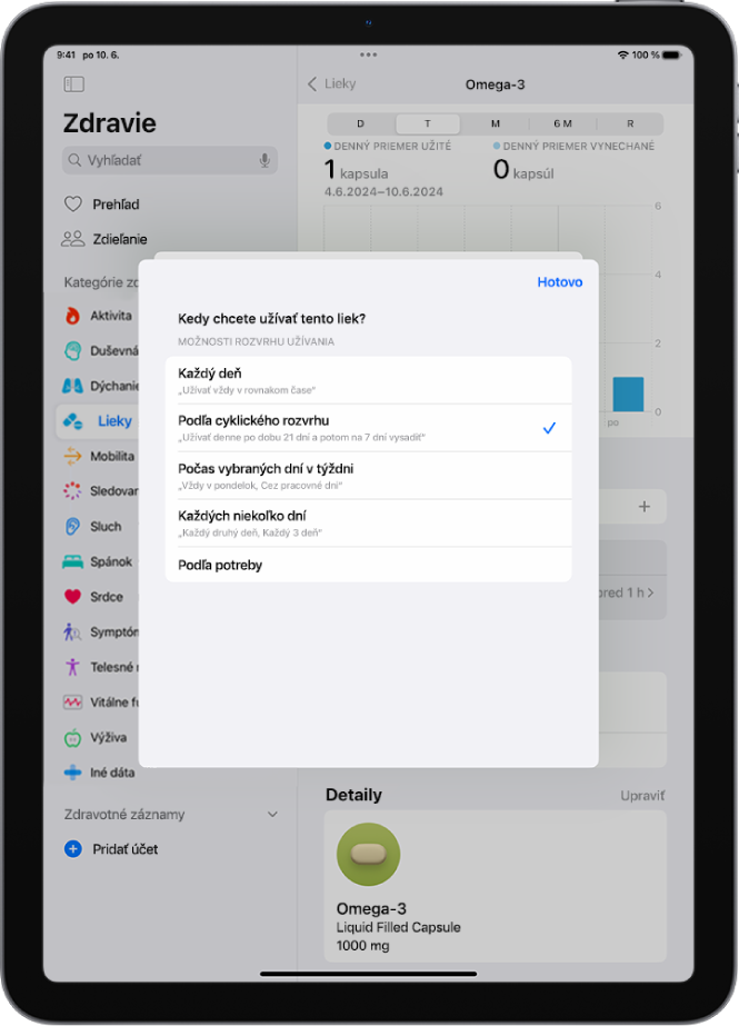 Obrazovka Lieky v apke Zdravie s možnosťami zmeny rozvrhu užívania lieku.