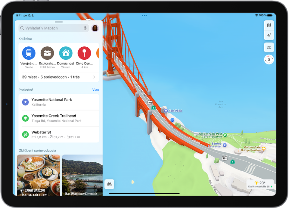 Mapa ulíc a parku zobrazuje stromy, body záujmu a prvky ako chodníky a vyhliadky.
