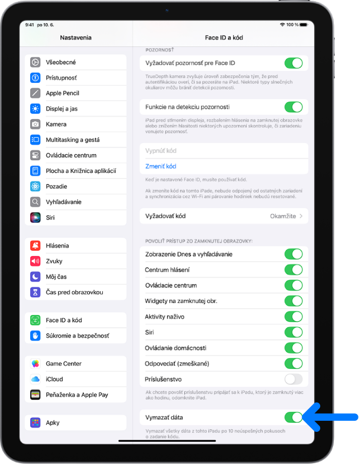 Ovládací prvok Vymazať dáta umiestnený naspodku obrazovky Face ID a kód v Nastaveniach.