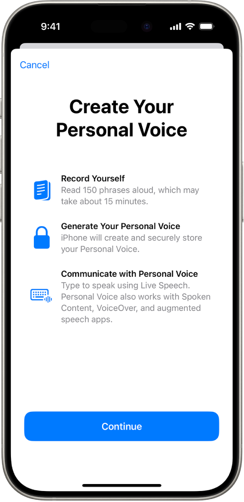 An iPhone with information about how to create a Personal Voice.