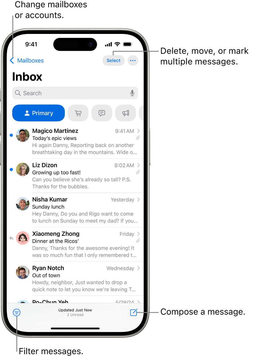 The Mail Inbox, showing a list of emails.