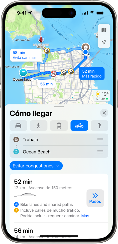Un mapa mostrando opciones de una ruta en bicicleta. La tarjeta de la ruta en la parte inferior ofrece detalles, incluyendo la duración estimada del trayecto, los cambios de desnivel y los tipos de calles. El botón Ir está a la derecha de los detalles.