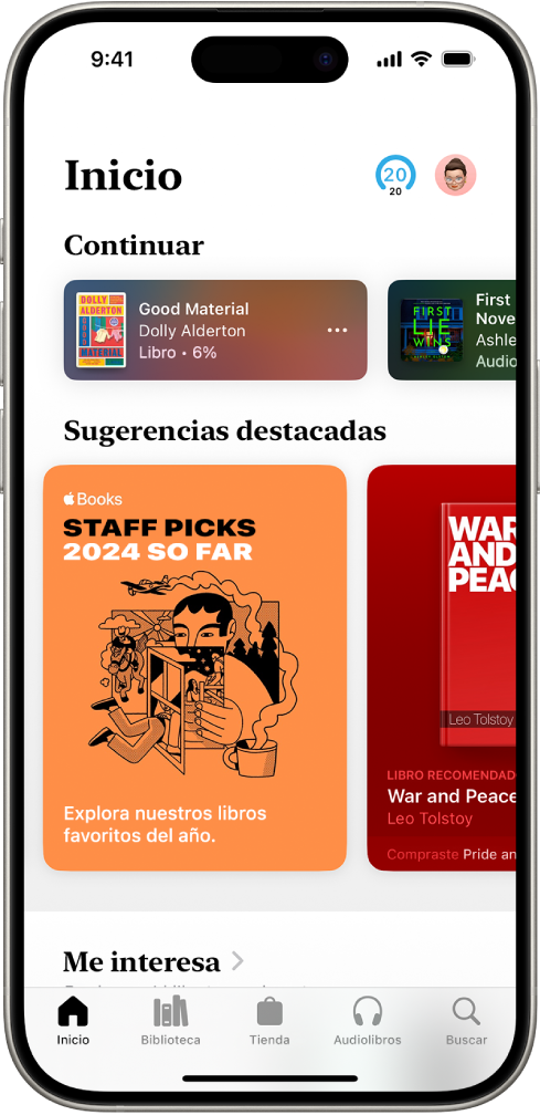 La pantalla Inicio de la app Libros. En la parte inferior de la pantalla, de izquierda a derecha, se encuentran las pestañas Inicio, Biblioteca, Tienda, Audiolibros y Buscar. La pestaña Inicio está seleccionada.