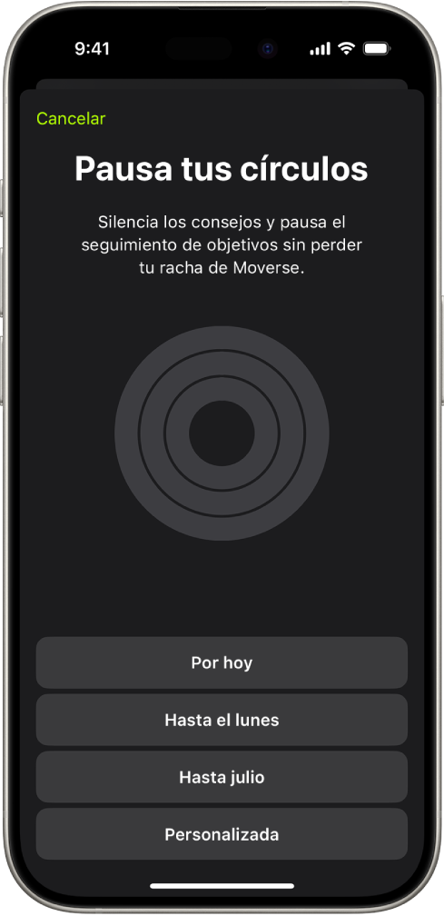 La pantalla Pausar tus círculos de la app Fitness mostrando las opciones para pausar los círculos de Actividad.