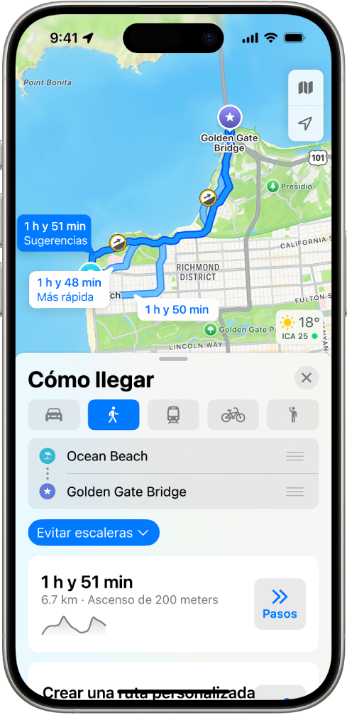 Un mapa mostrando una ruta a pie. La tarjeta de ruta de la parte inferior ofrece detalles de la ruta, incluyendo la duración estimada del trayecto y los cambios de desnivel. El botón Ir está a la derecha de los detalles.