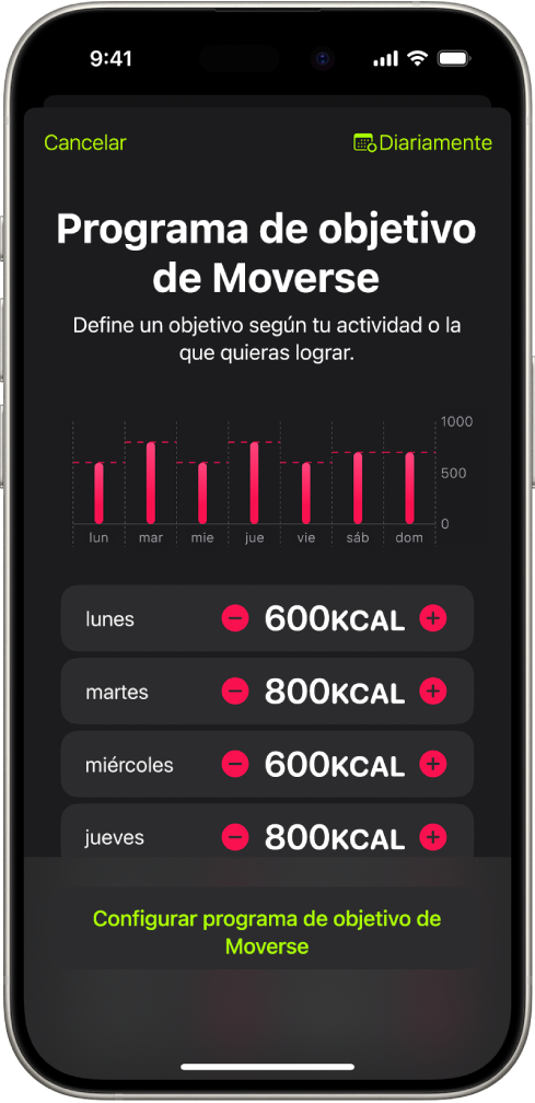 La pantalla de Programa del objetivo de Moverse en Fitness que muestra botones para aumentar o disminuir el objetivo de Moverse según el día de la semana.