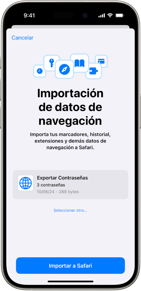 La pantalla Importar datos de navegación muestra el archivo CSV de contraseñas de otro administrador de contraseñas que se va a importar.