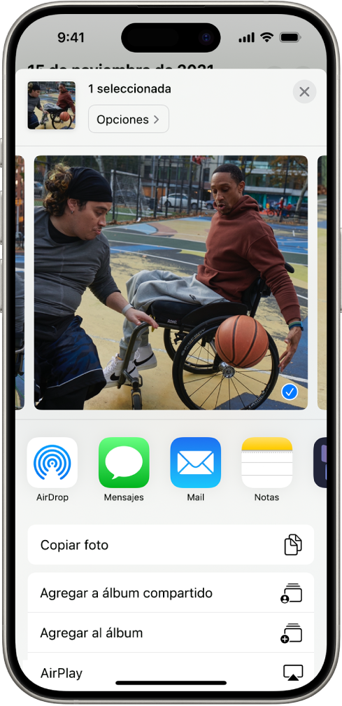 Se muestra una foto seleccionada en la mitad superior de la pantalla de un iPhone, con las opciones para compartirla debajo de ella. Debajo hay opciones adicionales, como Copiar foto, Agregar a álbum compartido, Agregar a álbum y AirPlay.