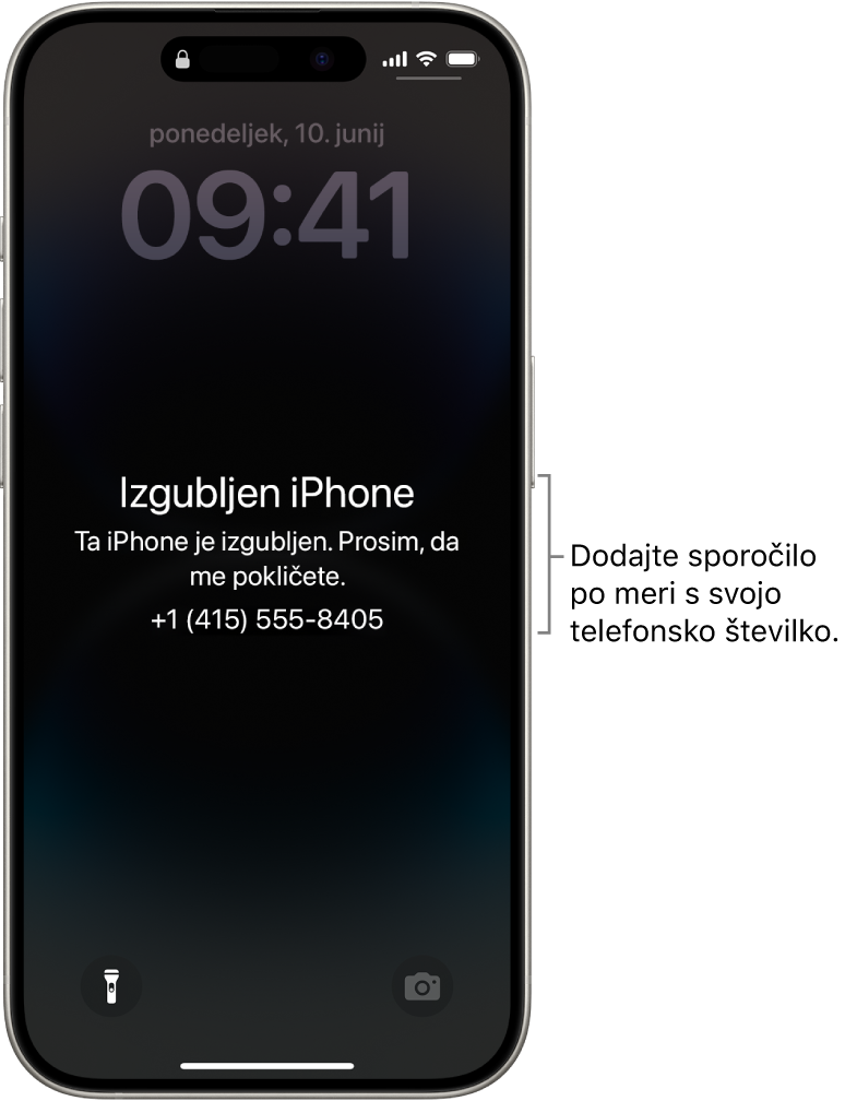Zaklenjeni zaslon iPhona s sporočilom o izgubljenem iPhonu. Dodate lahko sporočilo po meri s svojo telefonsko številko.