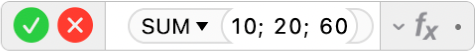 محرر الصيغ يعرض الصيغة =SUM(10; 20; 60).
