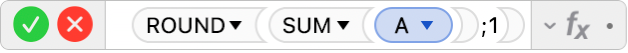 محرر الصيغ يعرض الصيغة =ROUND(SUM(A);1).