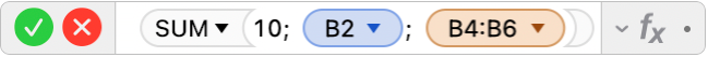 محرر الصيغ يعرض الصيغة =SUM(10; B2; B4:B6).