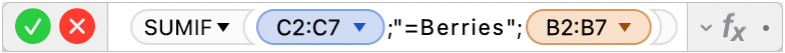 محرر الصيغ يعرض الصيغة =SUMIF(C2:C7;"=Berries";B2:B7).