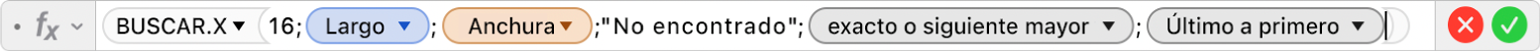 El editor de fórmulas muestra la fórmula =BUSCAR.X(16;Largo;Ancho;"No encontrado";1;-1).