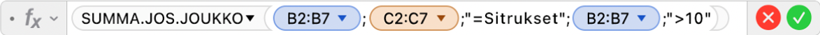 Kaavan muokkaajassa näkyy kaava =SUMMA.JOS.JOUKKO(B2:B7;C2:C7;"=Sitrukset";B2:B7;">10").