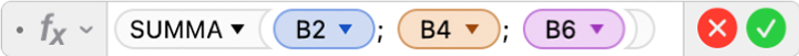 Kaavan muokkaajassa näkyy kaava =SUMMA(B2; B4; B6).