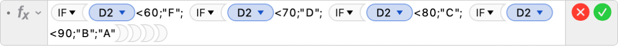 Editor Formula menampilkan formula =IF(D2<60;"F"; IF(D2<70;"D"; IF(D2<80;"C"; IF(D2<90;"B";"A")))).