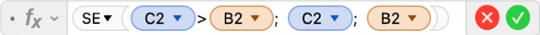 L’Editor di formule che mostra la formula =SE(C2>B2; C2; B2).