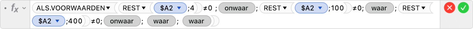 De formule-editor met de formule =ALS.VOORWAARDEN(REST($A2;4)≠0 ;ONWAAR;REST($A2;100)≠0;WAAR;REST($A2;400)≠0;ONWAAR; WAAR; WAAR).