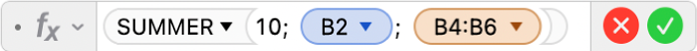 Formelredigeringen viser formelen =SUMMER(10; B2; B4:B6).
