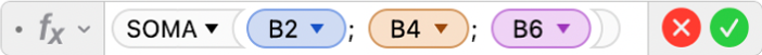 O editor de fórmulas a mostrar a fórmula =SOMA(B2; B4; B6).