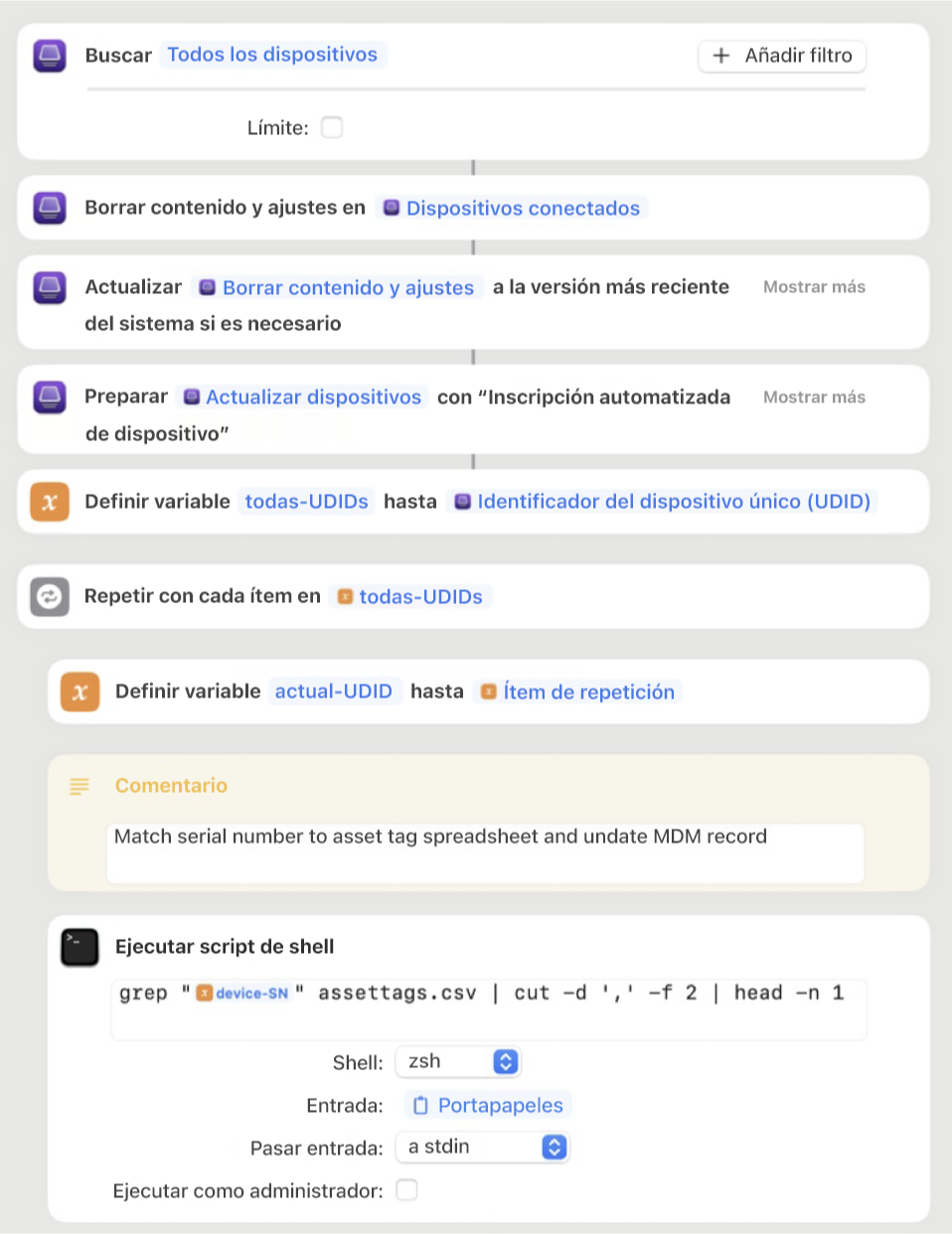 Un ejemplo de un atajo de Apple Configurator, que muestra distintas acciones, como variables y scripts de shell.