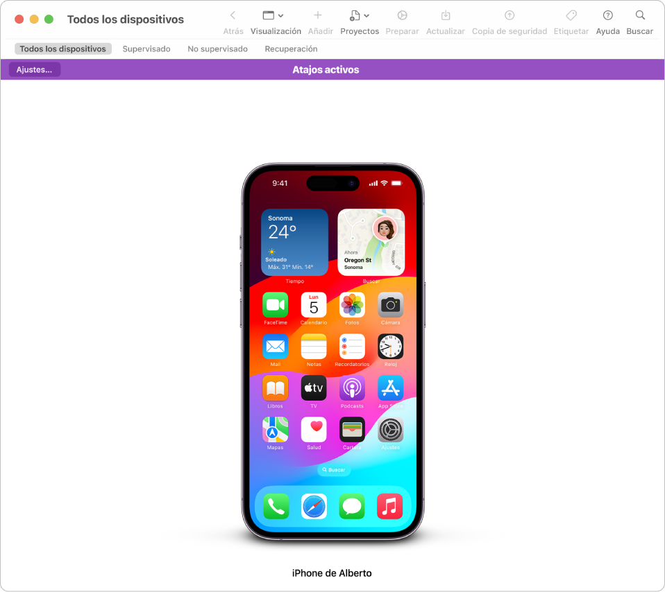 Una ventana de Apple Configurator muestra activos los atajos conectar/desconectar; en el centro de la ventana está la pantalla de un iPhone.