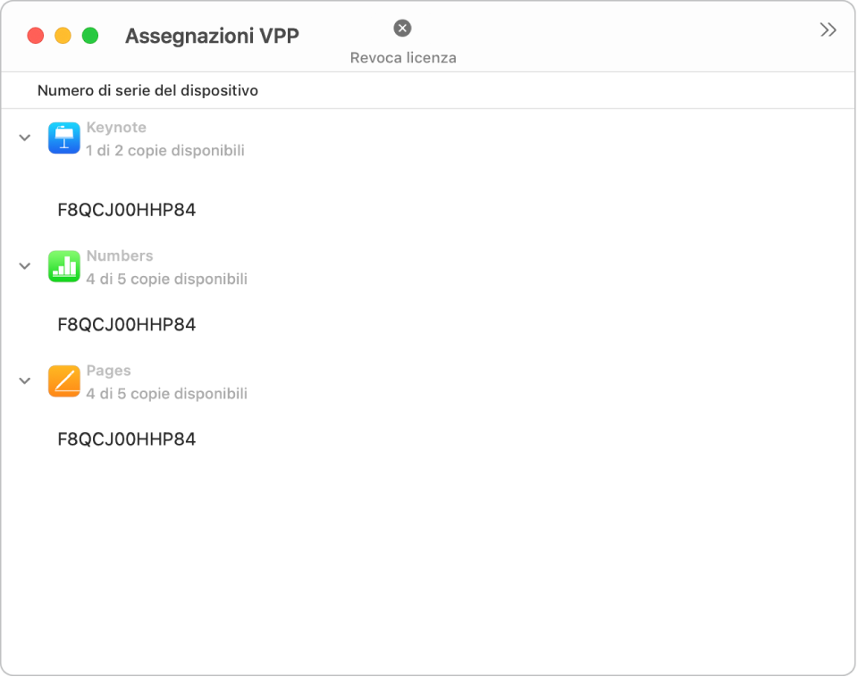 La finestra per visualizzare le app che sono state acquistate in blocco.