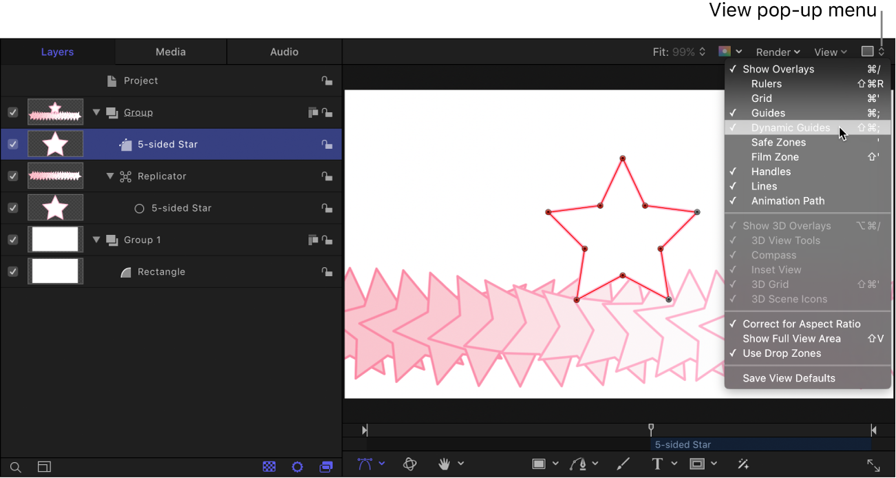 Auswählen der dynamischen Hilfslinien im Menü „Darstellung“