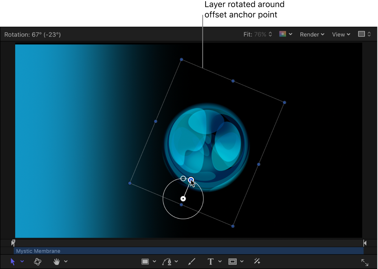 Canvas mit einem Objekt, das um einen nicht mittigen Ankerpunkt gedreht wird