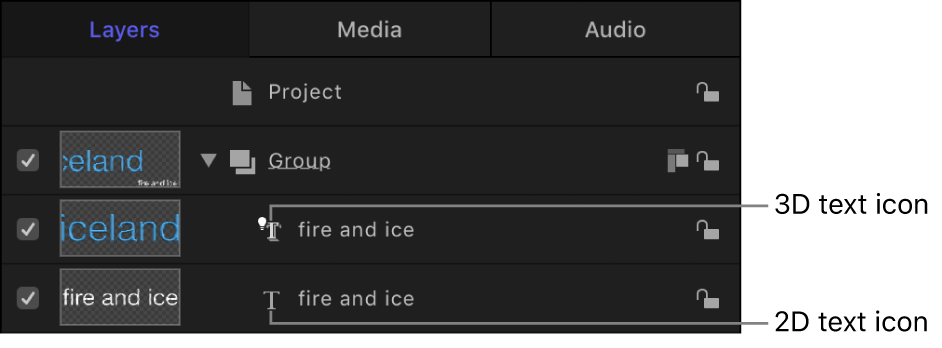 Liste „Ebenen“ mit Symbol für 3D-Text