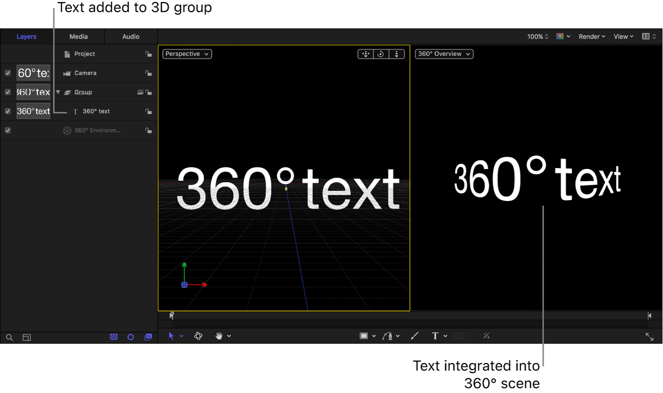Text added to Group object in 360° project